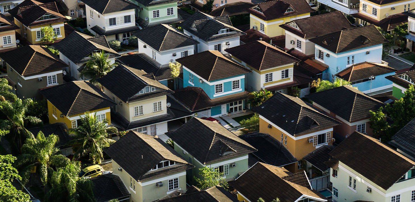 An overview of a neighborhood full of houses.