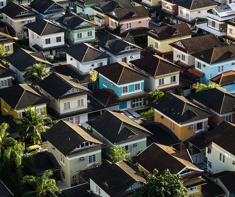 An overview of a neighborhood full of houses.